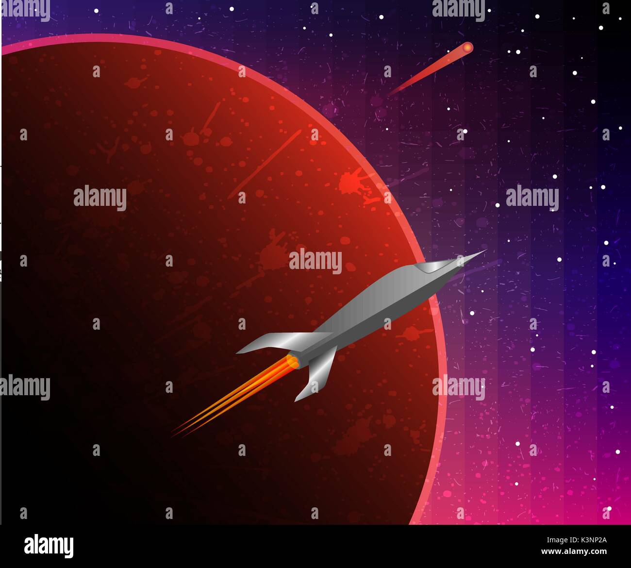 Cosmos, red planet and space ship. Colorful sci-fi background. Vector illustration Stock Vector