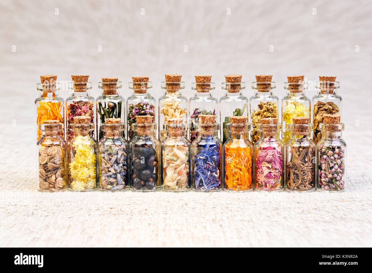Healing herbs in glass bottles, macro photo. Stock Photo