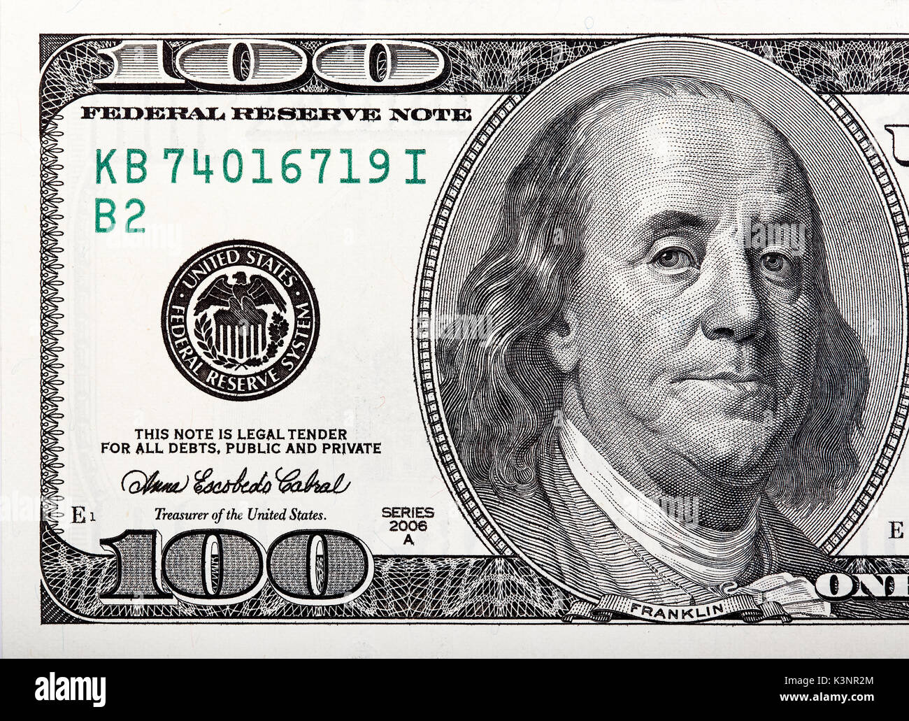 Benjamin Franklin on the bill. Macro shot of a 100 dollar. Stock Photo