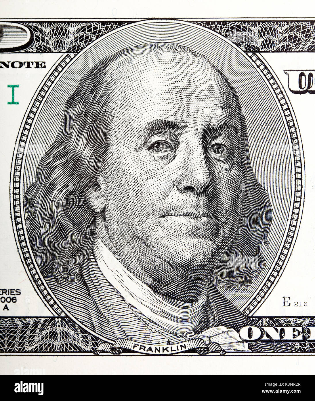 Portrait of Benjamin Franklin macro from 100 dollars bill Stock Photo
