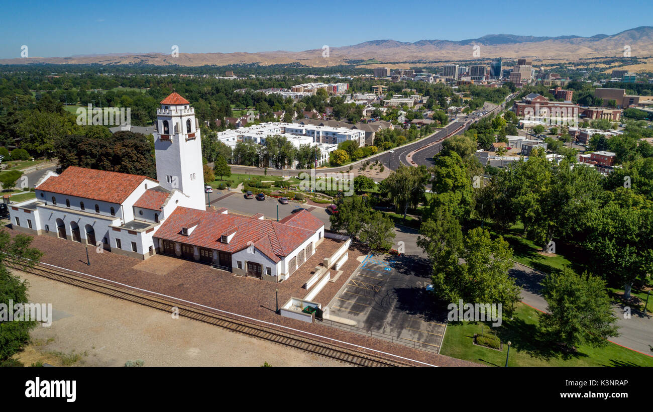 Aerial view of train depot and sity skyline Stock Photo