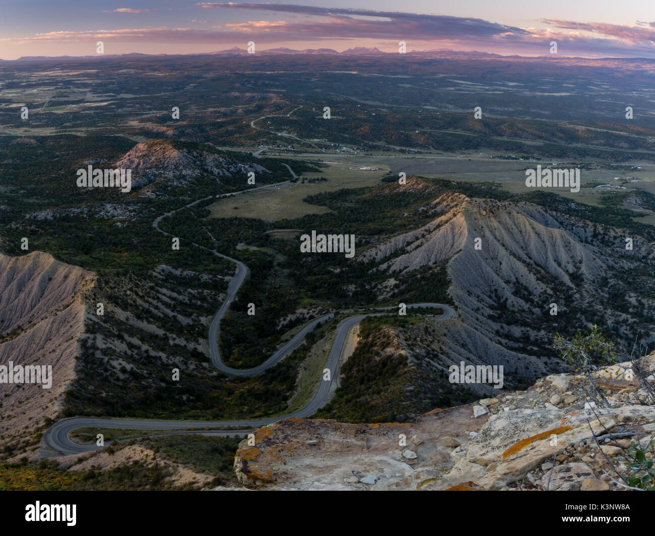 The Road leading into Mesa Verde National Park, from Point Lookout.  Cortez, Colorado Stock Photo