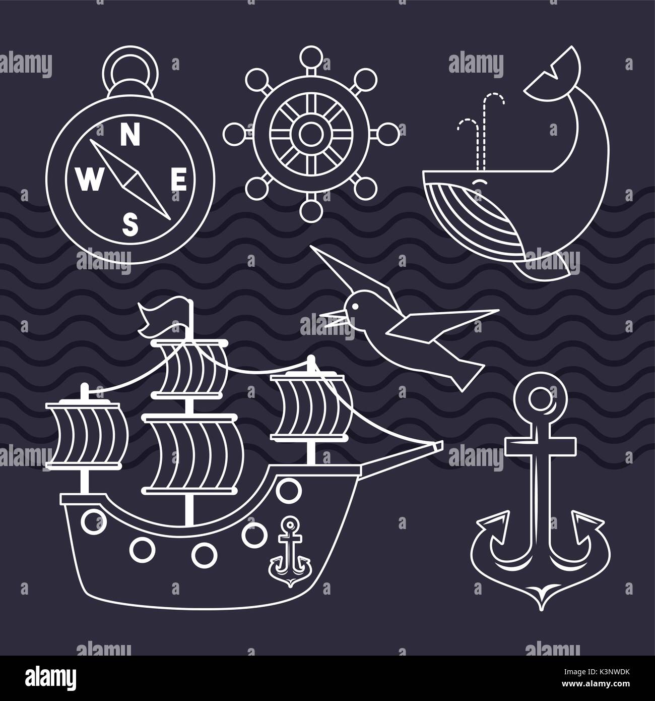 set of nautical marine symbols seamless pattern icons Stock Vector ...