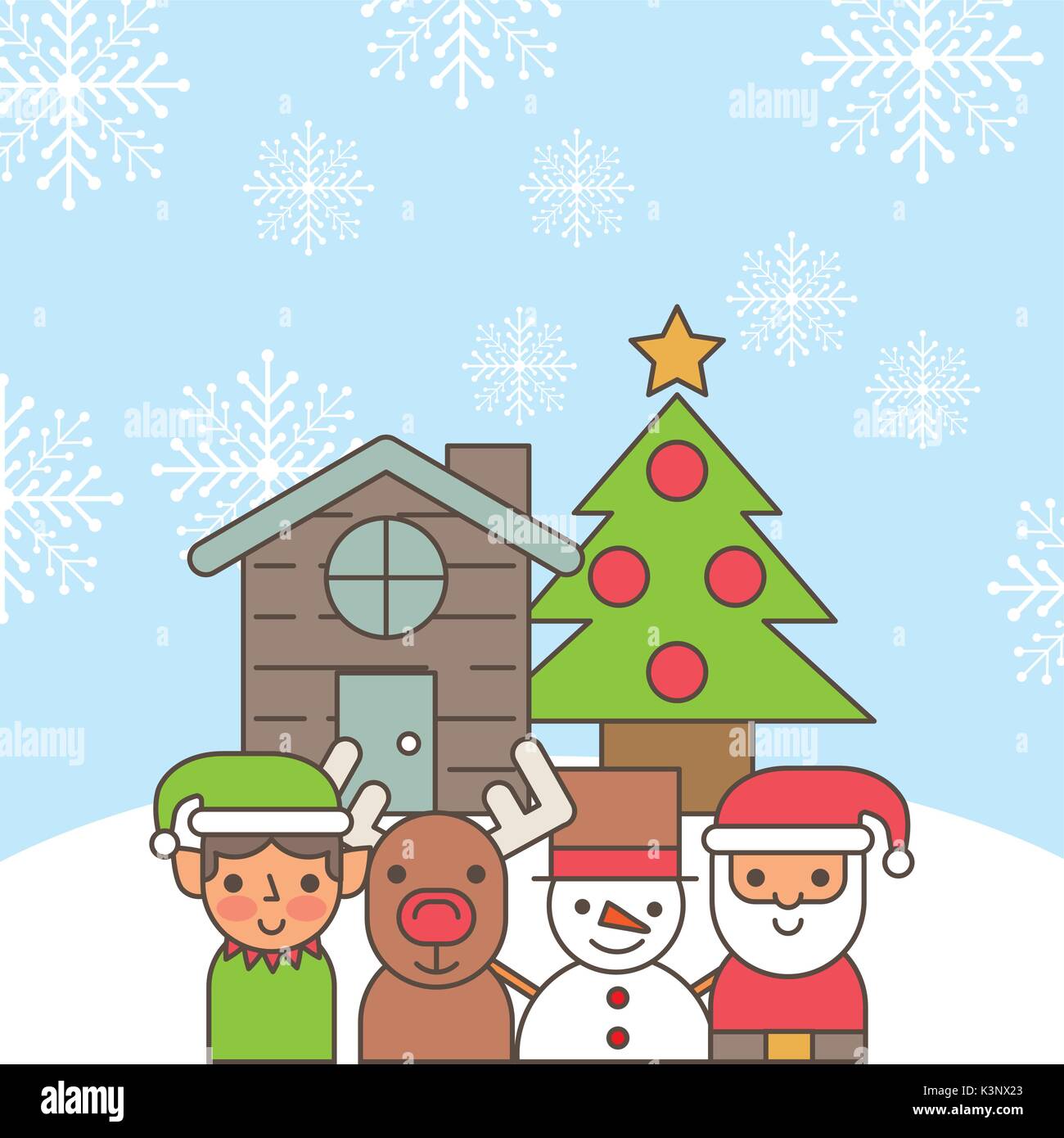 Santa Helper Deer Snowman Cartoon House And Tree Pine Decoration