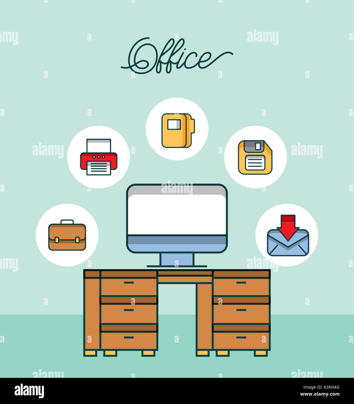 office workspace desk computer email printer diskette file Stock Vector