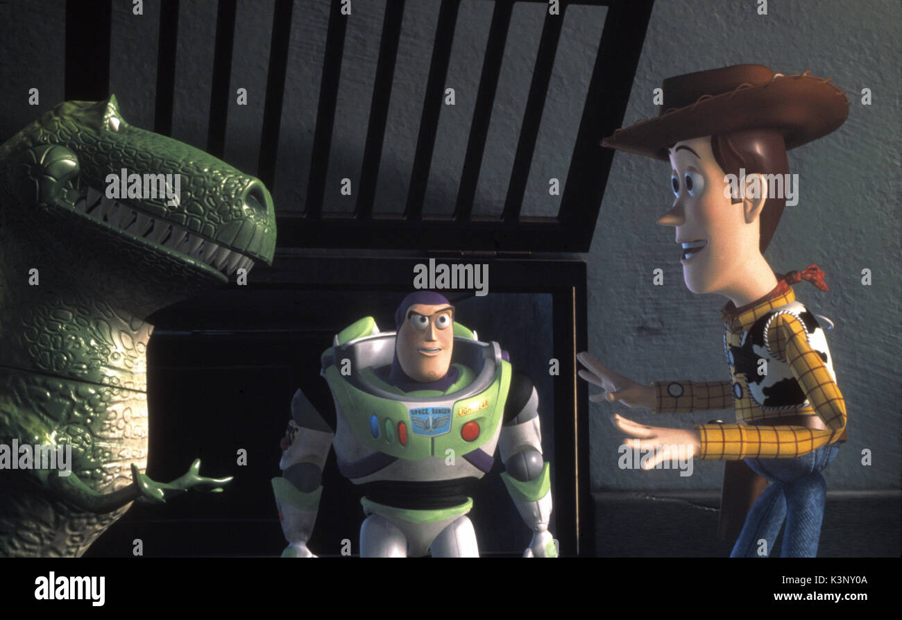 TOY STORY 2 [US 1999] Rex the Dinosaur voiced by Wallace Shawn, Buzz Lightyear voiced by Tim Allen, Woody voiced by Tom Hanks     Date: 1999 Stock Photo