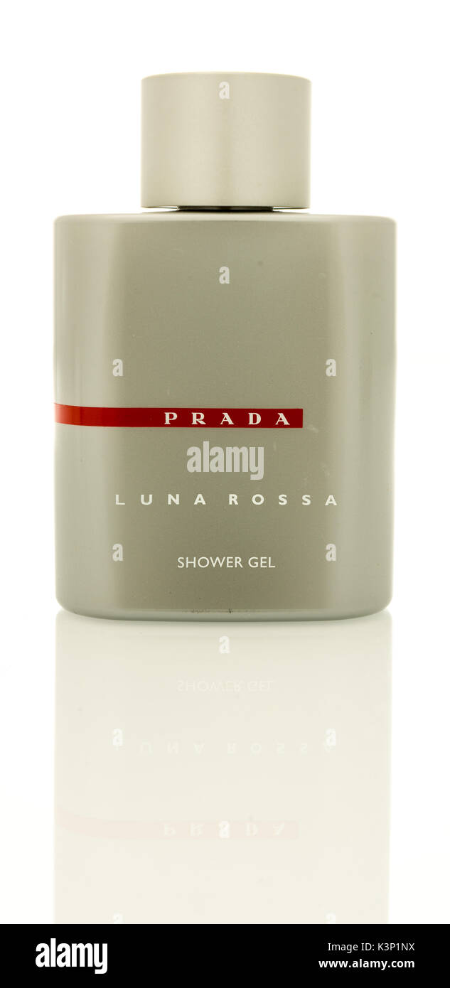 Winneconne, WI - 30 August 2017:  A bottle of Prada Luna Rossa shower gel on an isolated background. Stock Photo