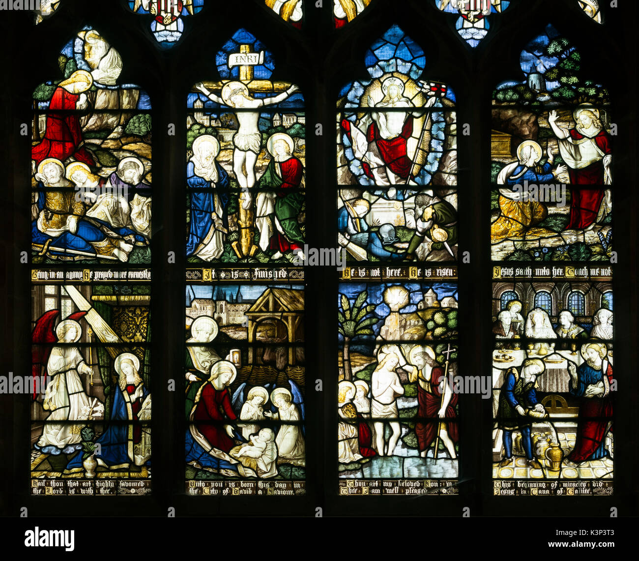 Scenes from the life of Christ stained glass, St. Mary Magdalene Church, Broadwas, Worcestershire, England, UK Stock Photo
