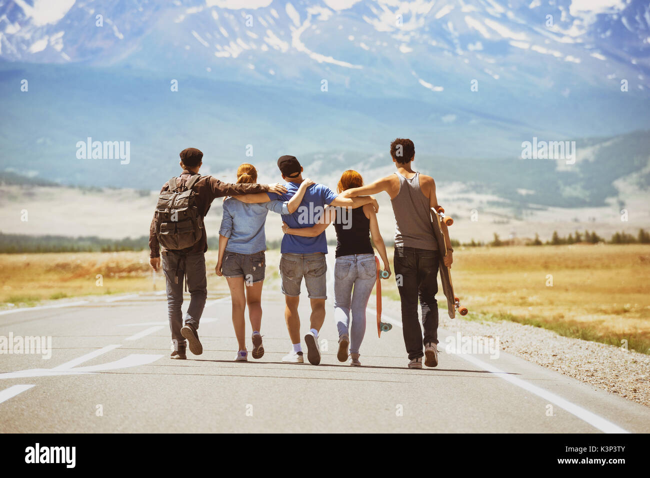 Happy travel friends road concept Stock Photo