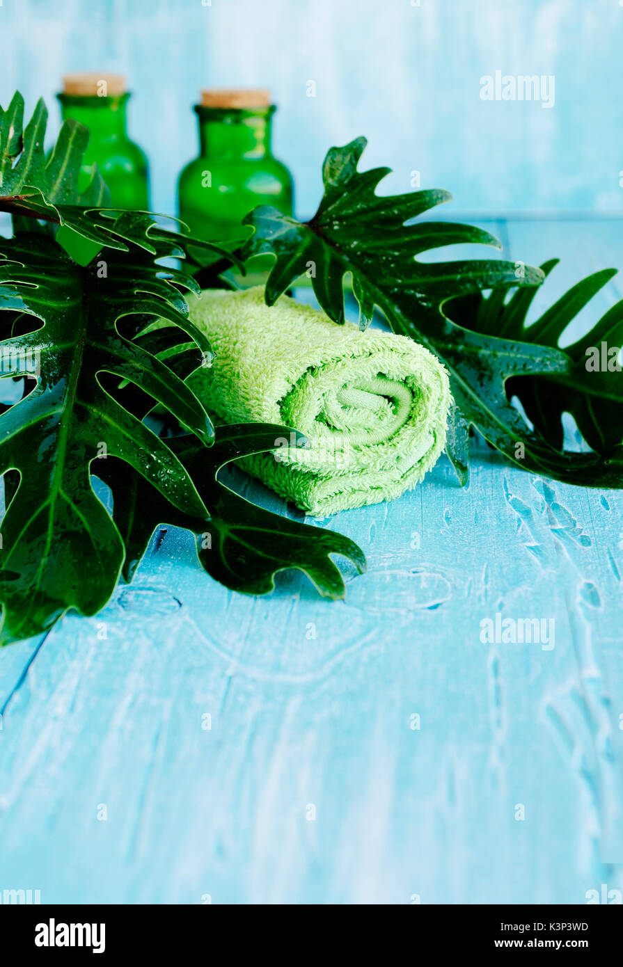 flowers lying on a blue wooden board with shell and candle Spa set
