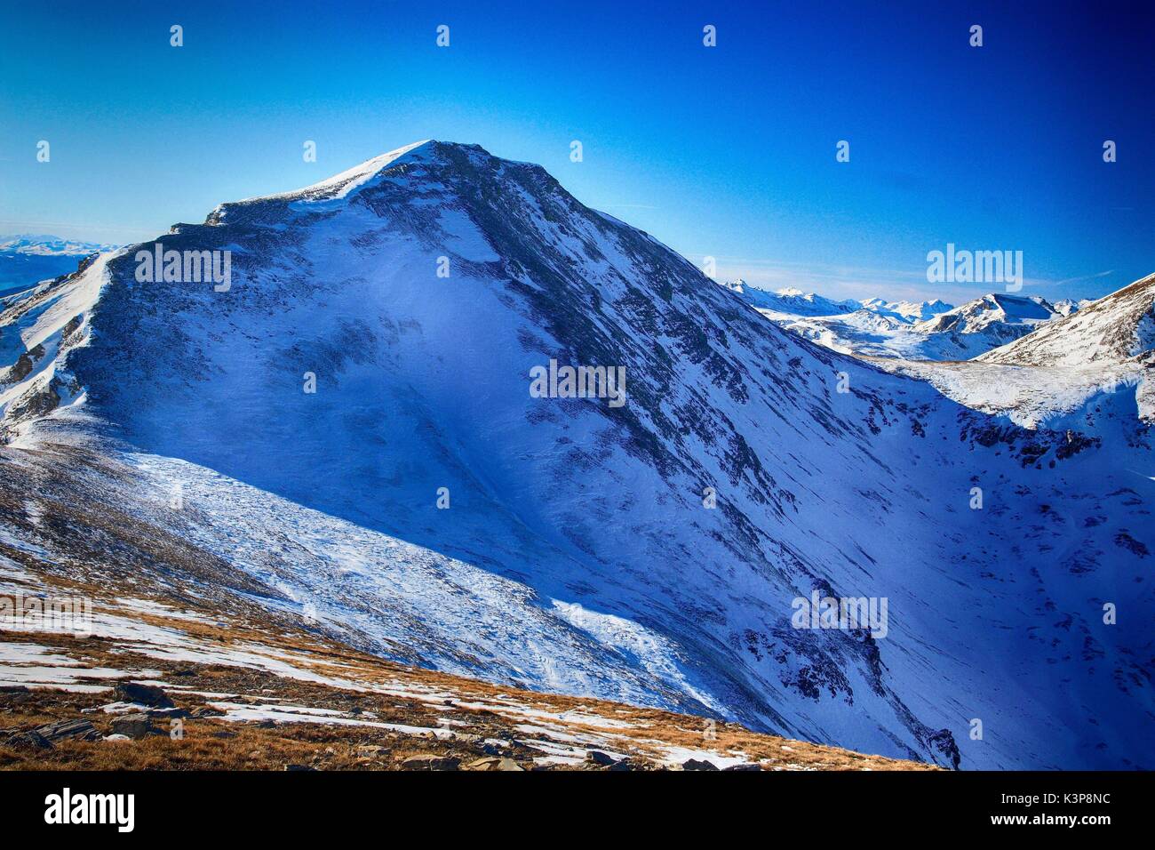 Snow covered peaks in winter in Sharr Mountains / Malet e Sharrit between Macedonia and Kosovo Stock Photo