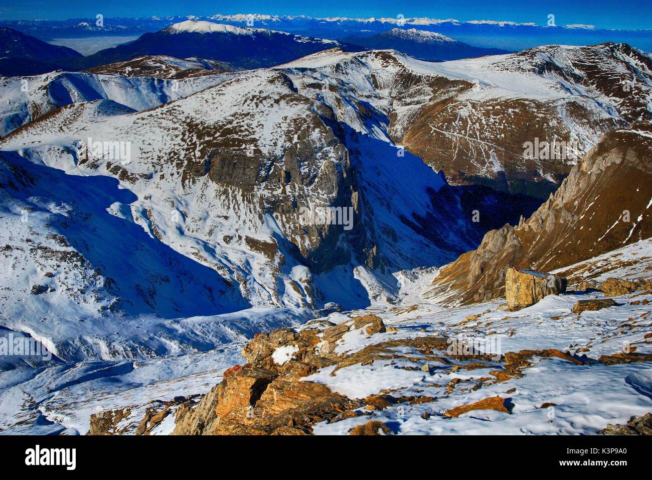Snow covered peaks in winter in Sharr Mountains / Malet e Sharrit between Macedonia and Kosovo Stock Photo