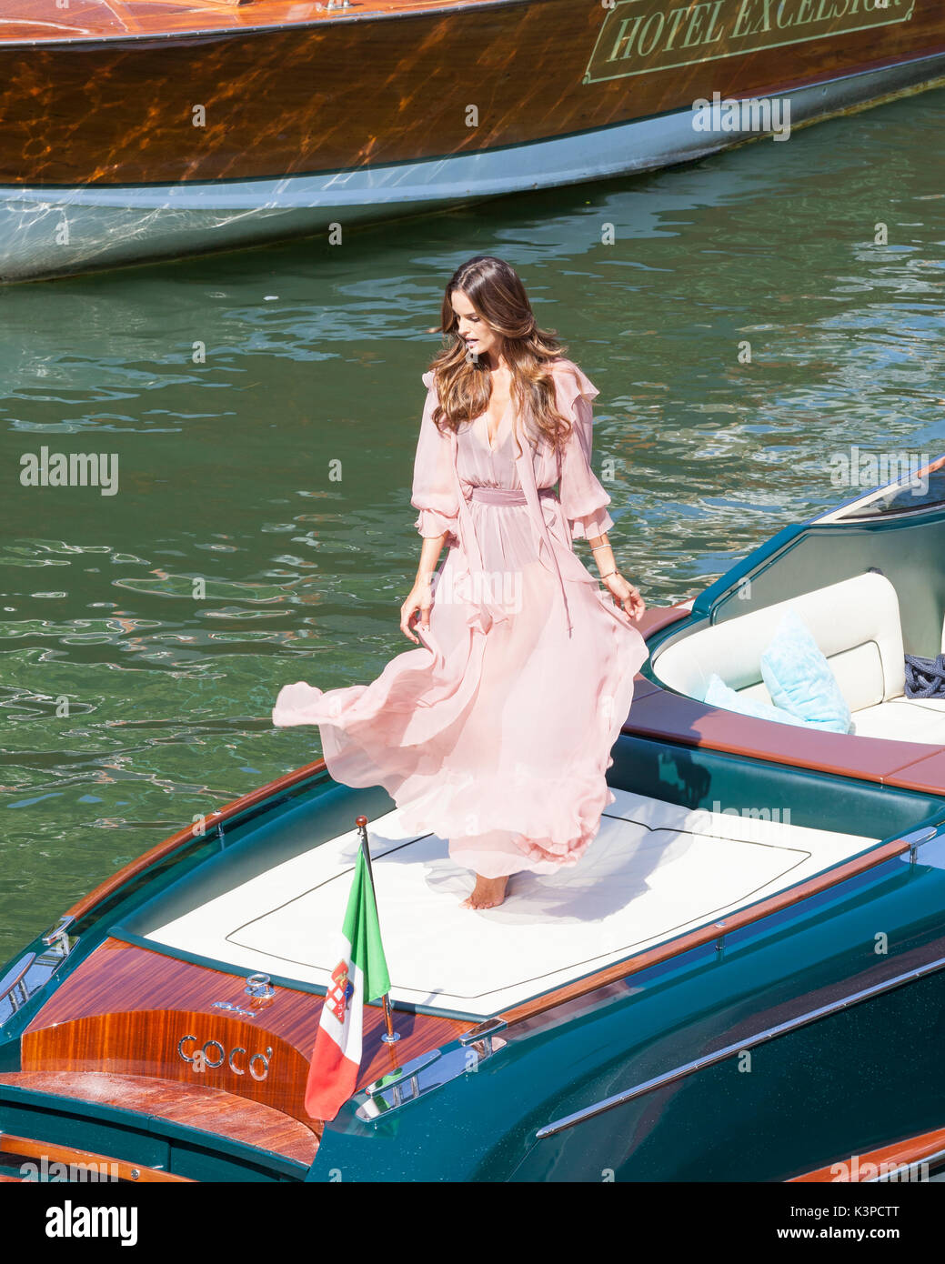 30th  August 2017. Brazilian model Izabel Goulart posing at a photoshoot at the 74th Venice Film Festival, Venice, Italy,  on the rear of a water taxi Stock Photo