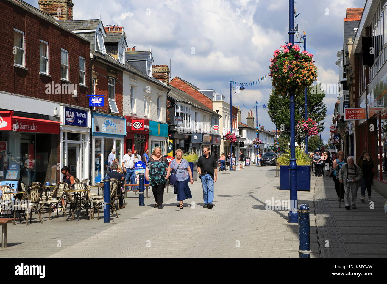 Shops and shoppers pedestrianised Hamilton Road, Felixstowe, Suffolk