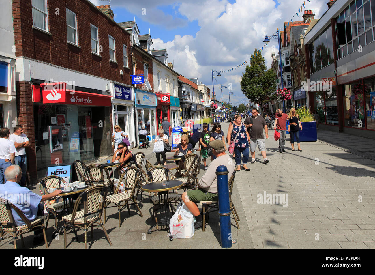 Shops and shoppers pedestrianised Hamilton Road, Felixstowe, Suffolk