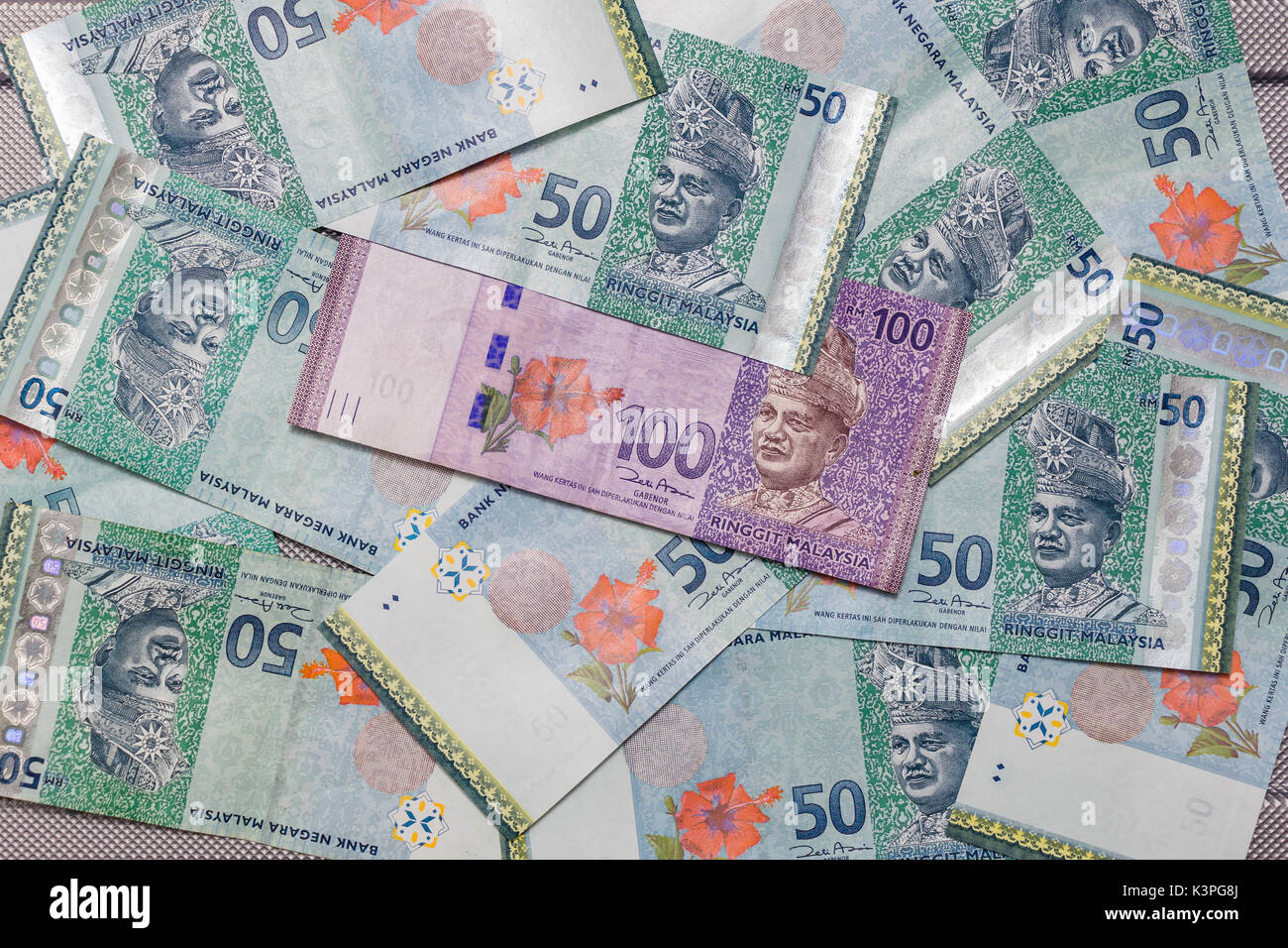 Malaysian Ringgit currency on pattern background, symbol RM currency