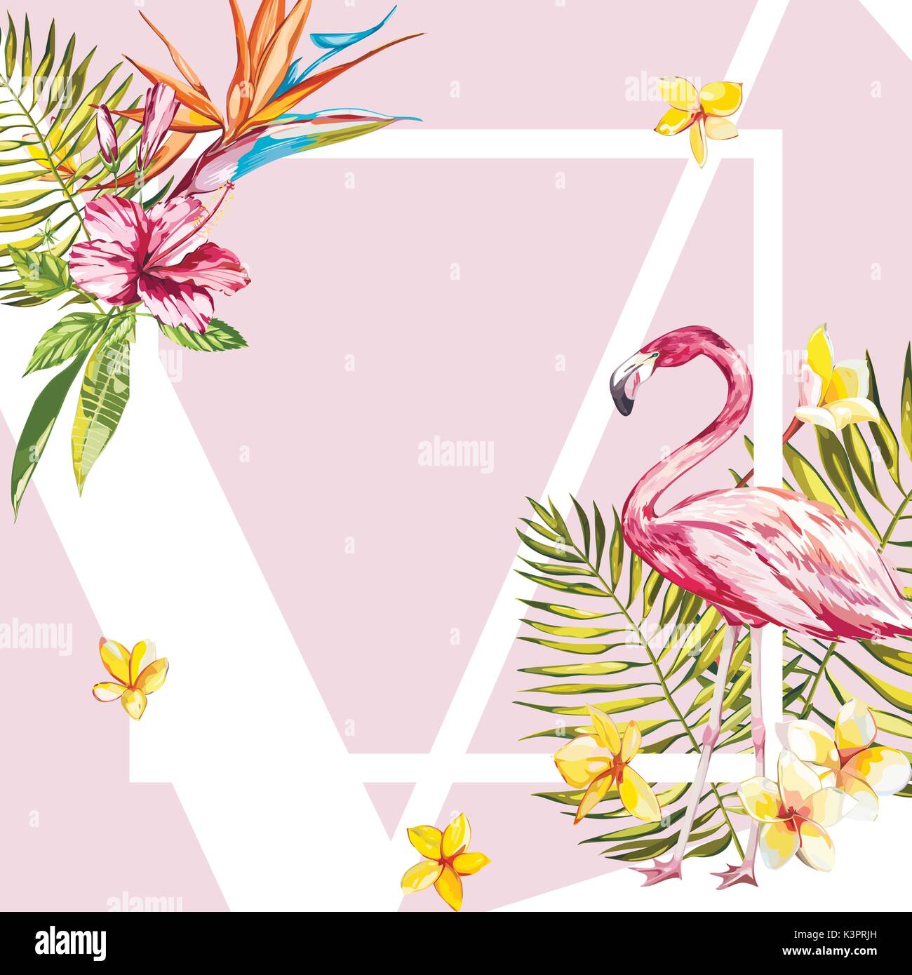 Banner, poster with flamingo, palm leaves, jungle leaf. Beautiful vector floral tropical summer background. EPS 10 Stock Vector