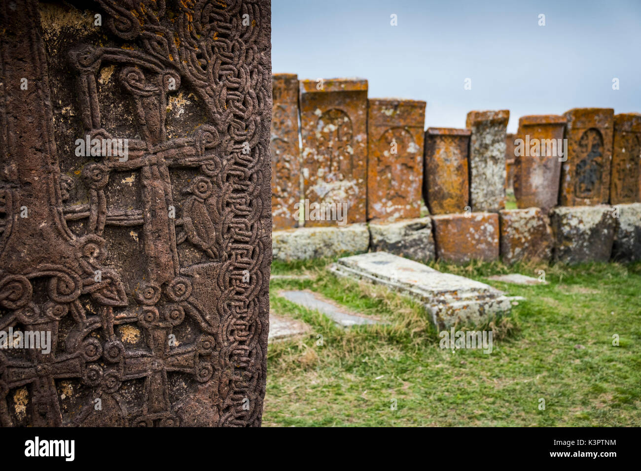 Khachkars in the the historical cemetery of Noratus near Lake Sevan, Armenia, Caucaus, Eurasia. Stock Photo