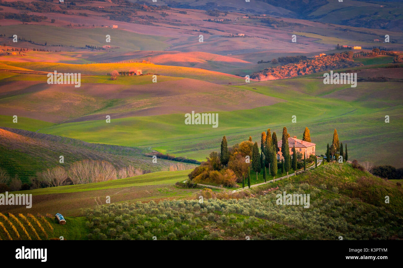 San Quirico d'Orcia, Tuscany, Italy. Sunset over Podere Belvedere. Stock Photo