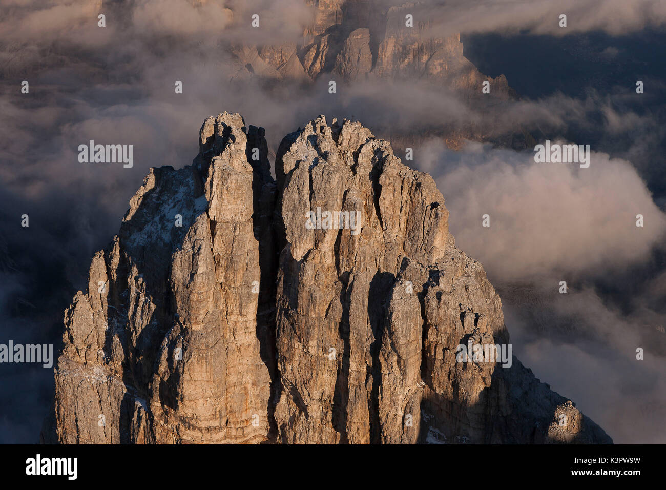 The Great Peak of Three peaks of Lavaredo. Natural park of Sexten Dolomites. It lies between the borders of the Veneto and Trentino Alto Adige regions. Italy. Europe. Stock Photo