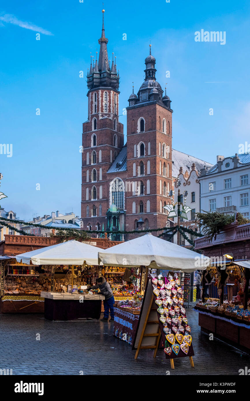 Krakow, Poland, North East Europe. Market in front of church of Saint Mary. Stock Photo
