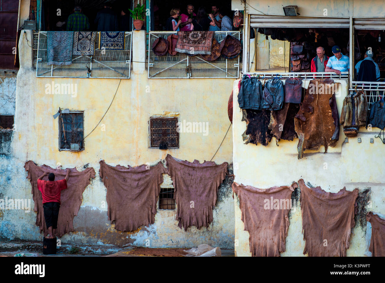 Fes, Marocco, North Africa. The stretched out of the leathers to dry. Stock Photo