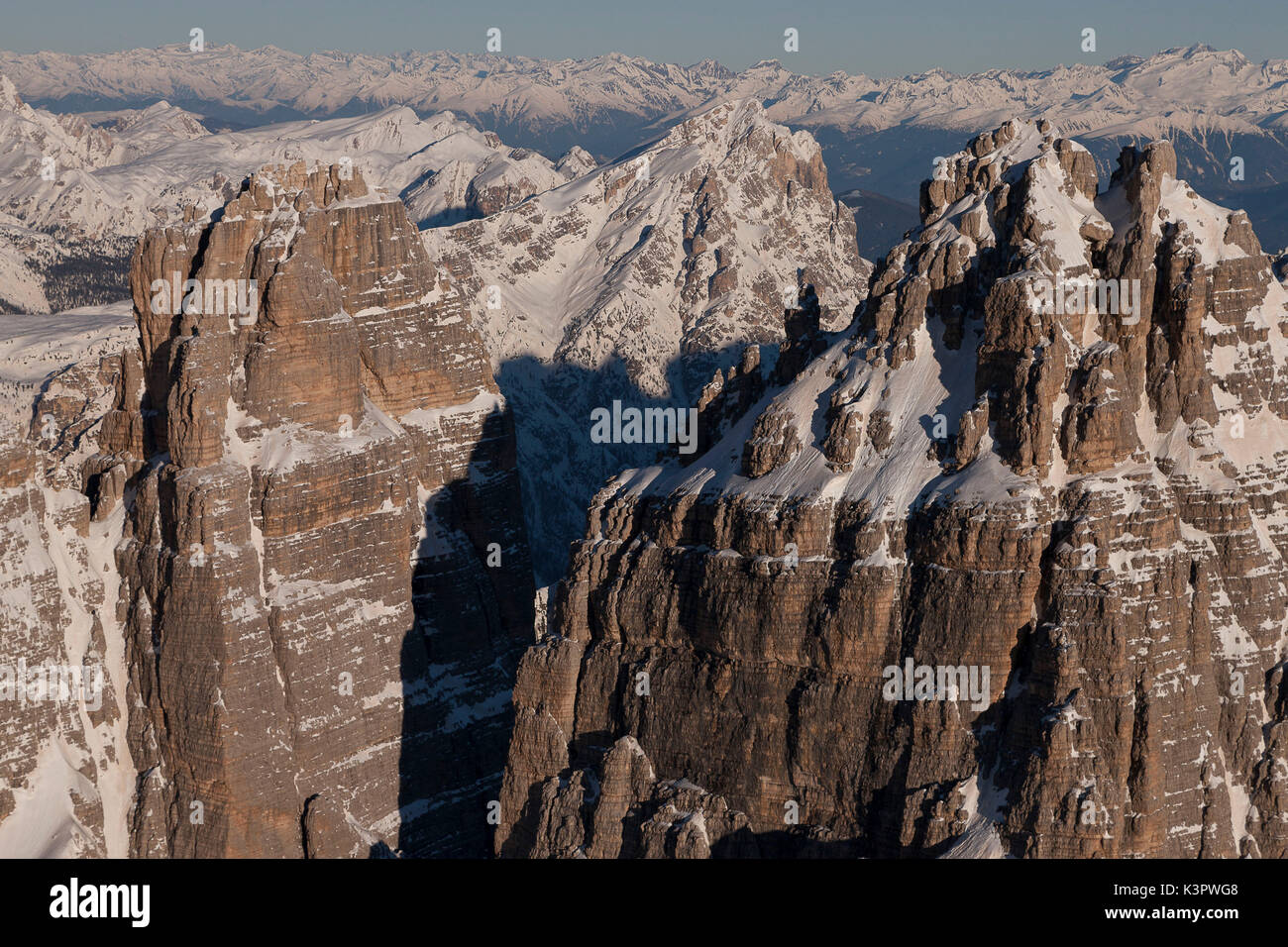 West Peak and Great peak. Three Peak of Lavaredo. Belluno province, Veneto region. Italy Europe. Stock Photo
