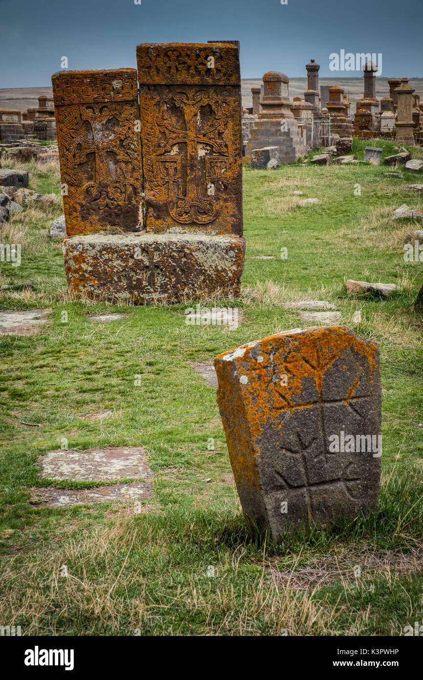 Khachkars in the the historical cemetery of Noratus near Lake Sevan, Armenia, Caucaus, Eurasia. Stock Photo
