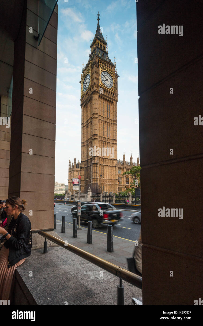 View of Big Ben by the arcades of city center London United Kingdom Stock Photo
