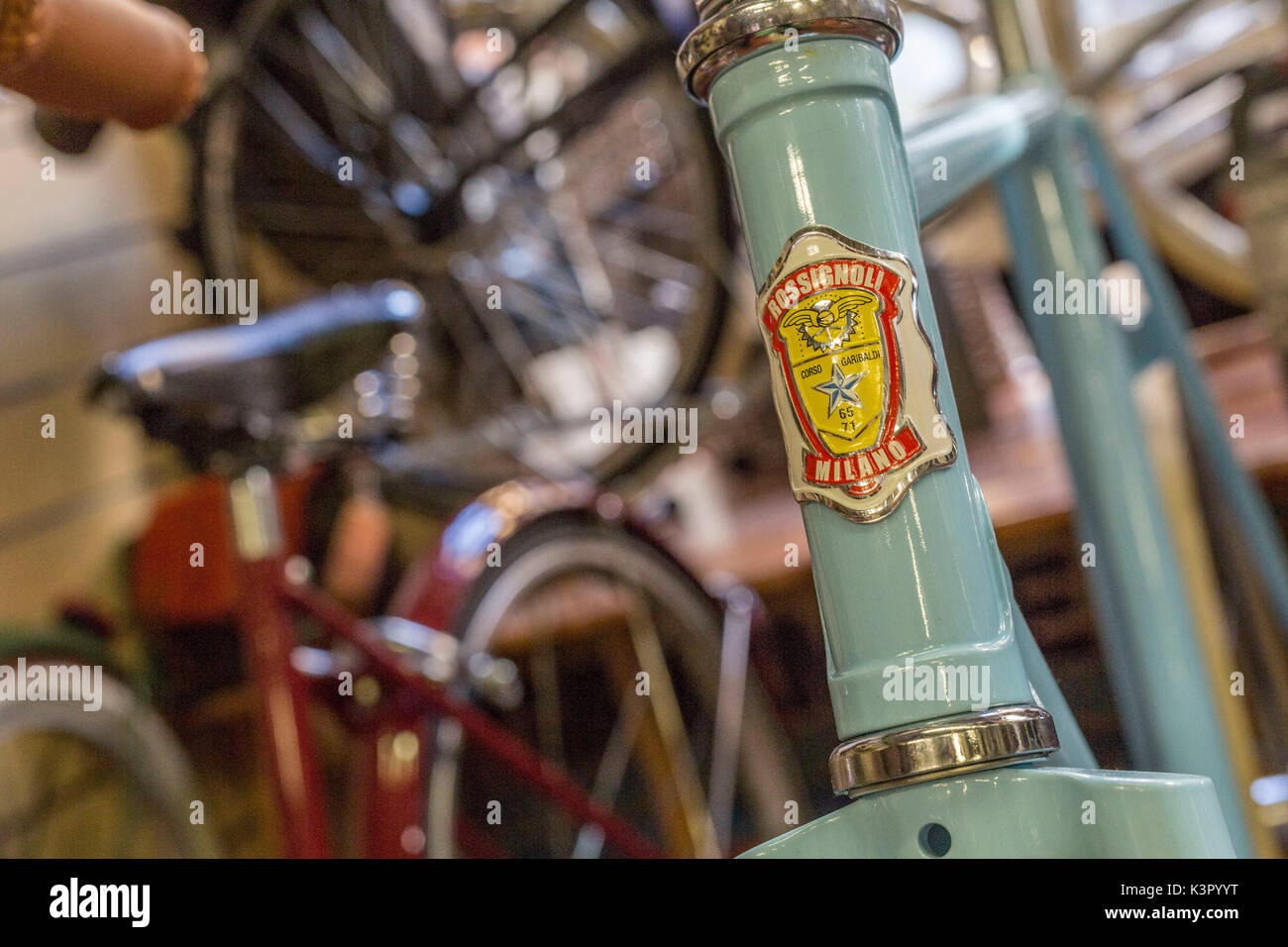 Details and mechanical parts in the Rossignoli bike shop an icon of Milan Lombardy Italy Europe Stock Photo