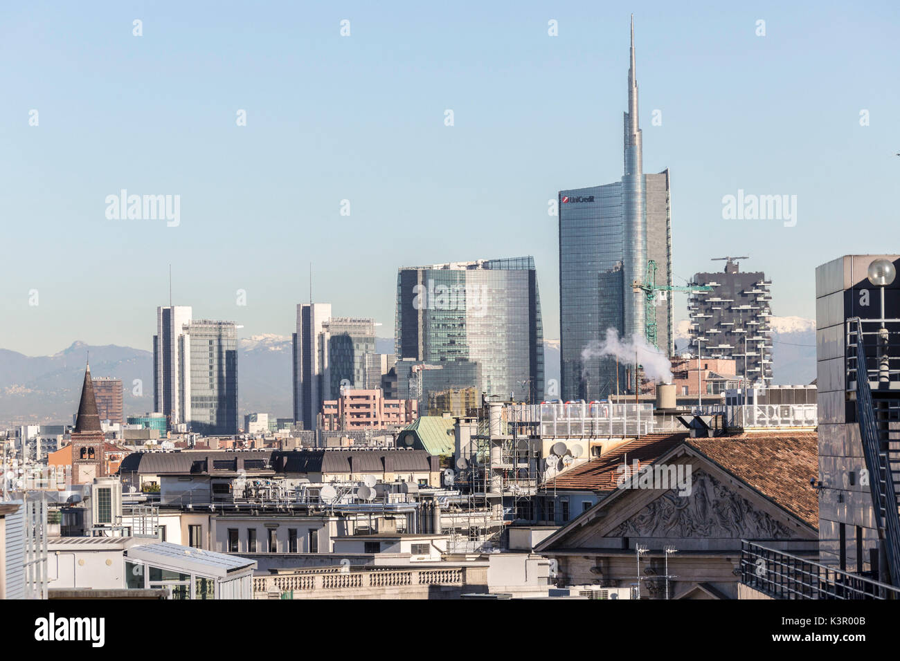 View of skyscrapers that contrast with the old buildings Milan Lombardy Italy Europe Stock Photo