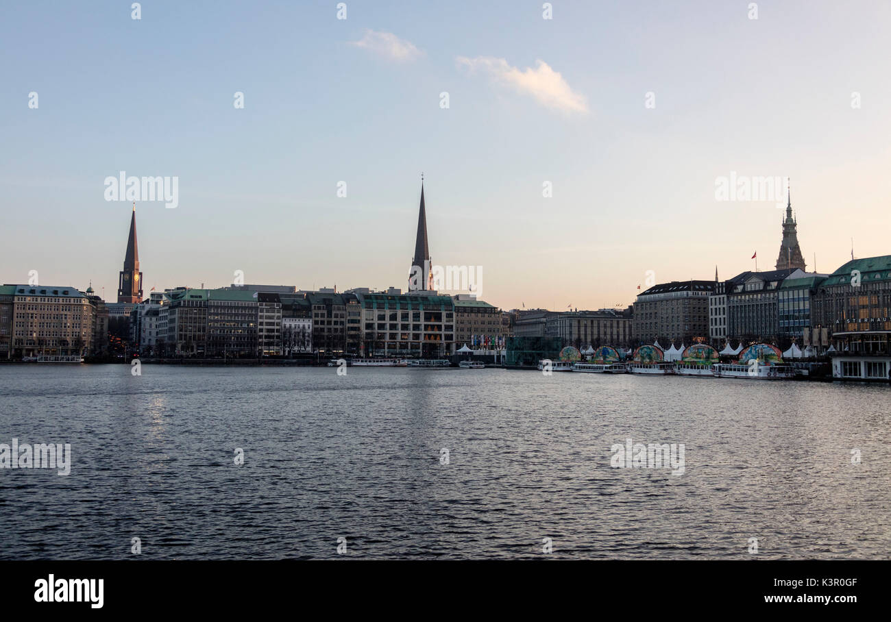 The artificial Inner Alster Lake frames the old buildings and palace of the city center Hamburg Germany Euope Stock Photo