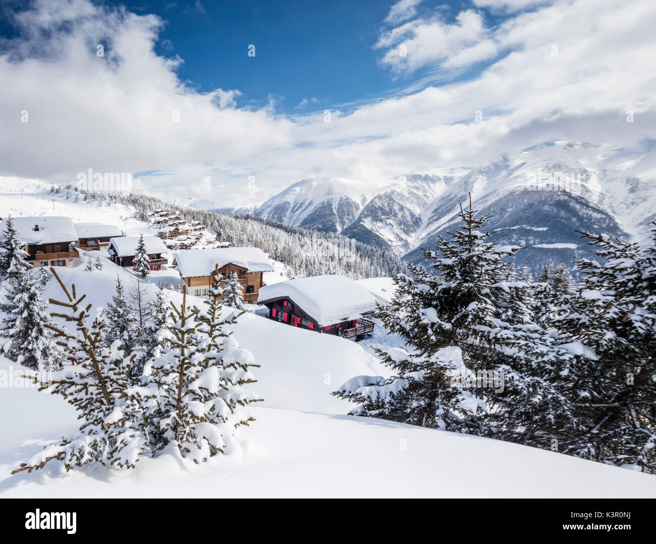 Panorama of the alpine village surrounded by snow and woods Bettmeralp district of Raron canton of Valais Switzerland Europe Stock Photo