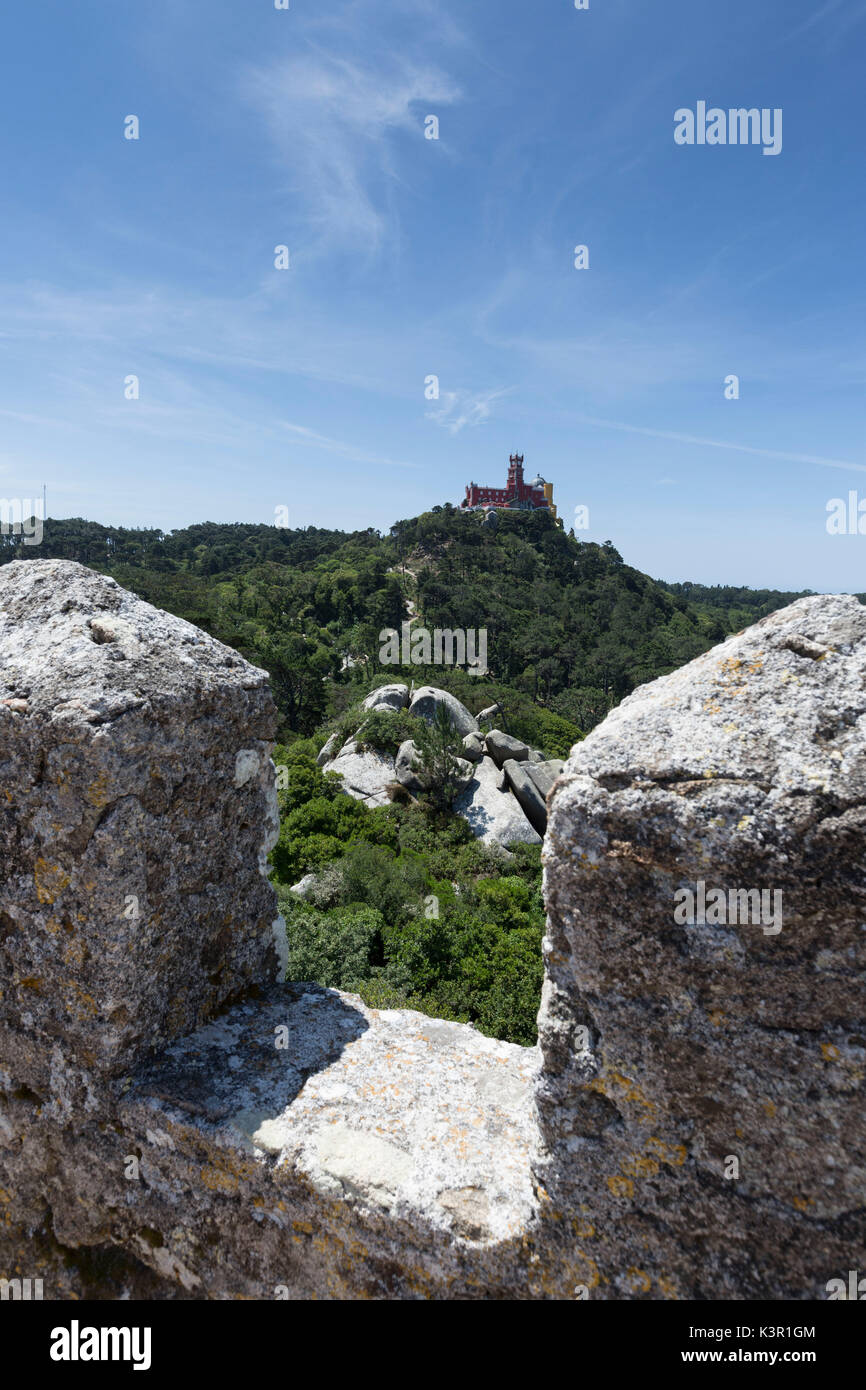 The fortified and medieval stone walls of the ancient Castelo dos Mouros Sintra municipality Lisbon district Portugal Europe Stock Photo