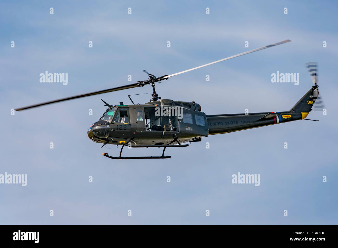 Bell UH-1 (Huey) helicopter displaying at Dunsfold Wings and Wheels 2017. Stock Photo
