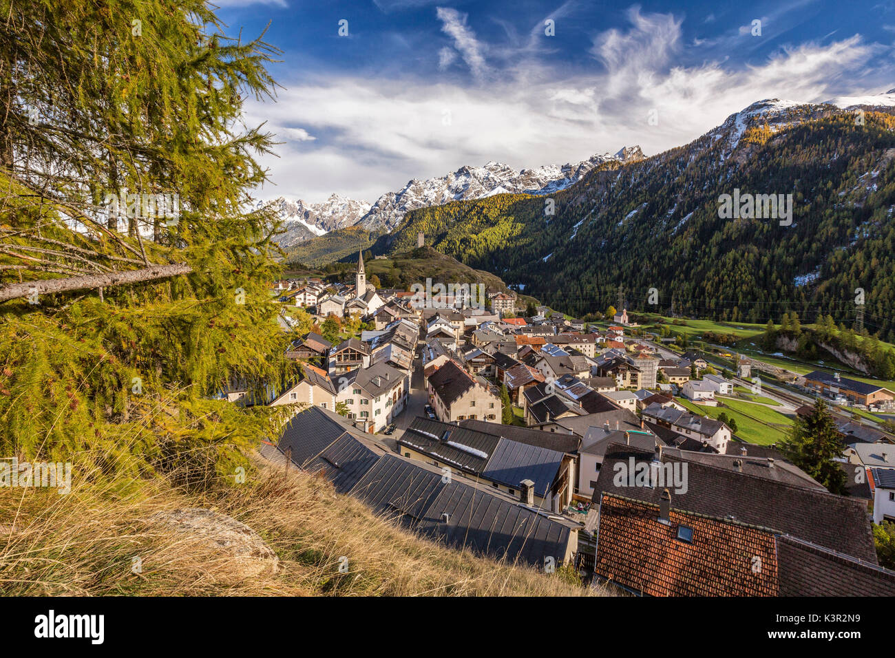 View of Ardez village surrounded by woods and snowy peaks Lower Engadine Canton of Graubünden Switzerland Europe Stock Photo