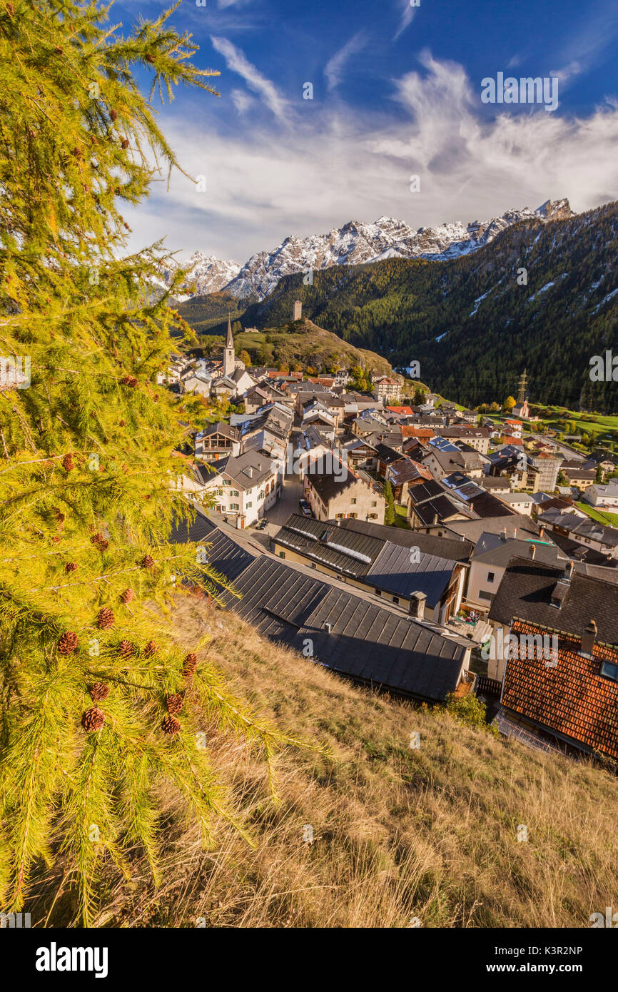 View of Ardez village surrounded by woods and snowy peaks Lower Engadine Canton of Graubünden Switzerland Europe Stock Photo