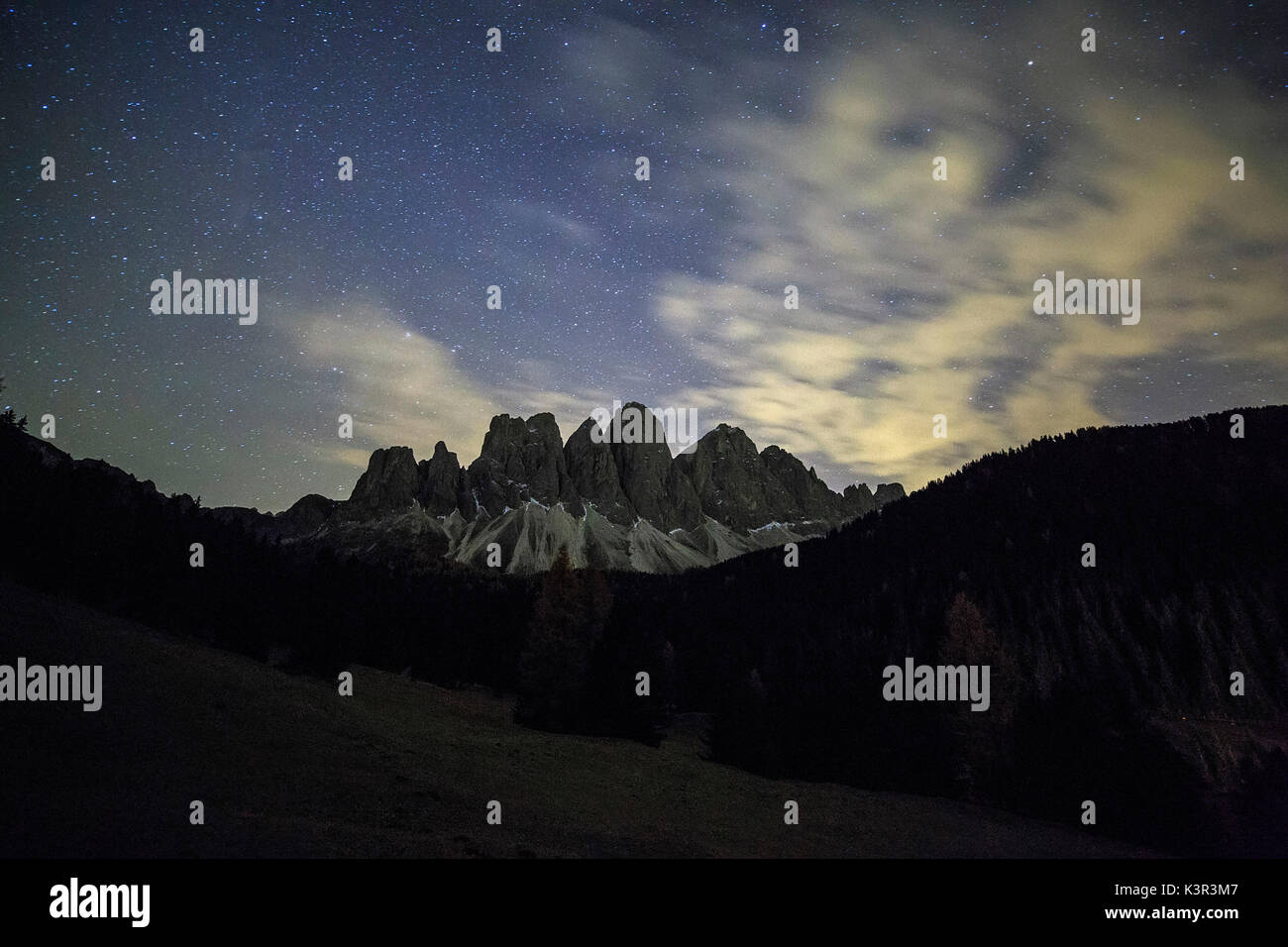 Starry night on the Odle seen from Malga Zannes. Funes Valley South Tyrol Dolomites Italy Europe Stock Photo