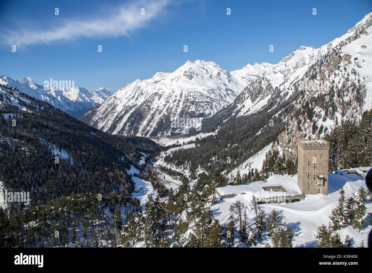 Aerial view of Belvedere tower and Bregaglia Valley. Maloja Pass, Engadine, Canton of Grisons Switzerland Europe Stock Photo