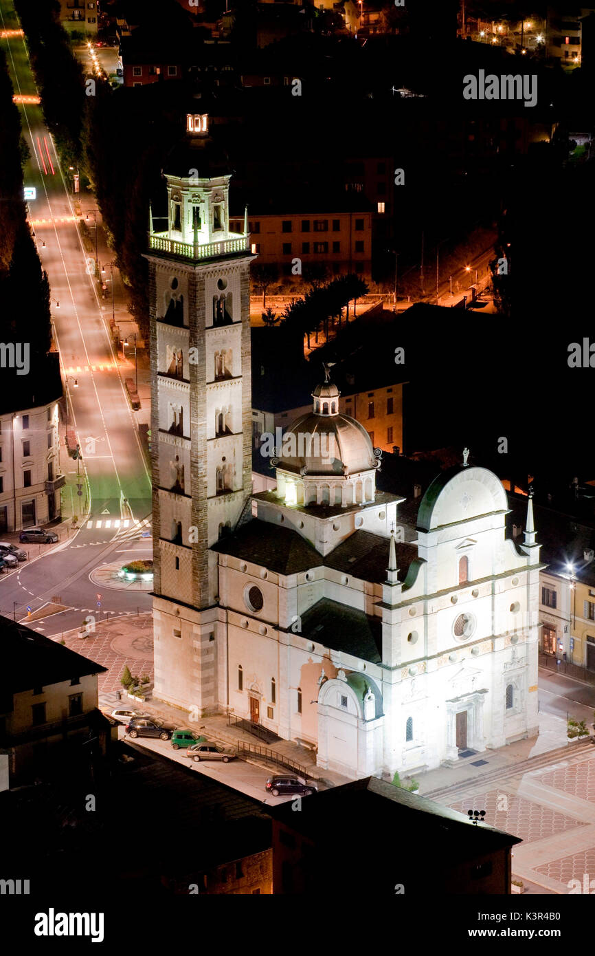 Valtellina, Church at Tirano by night, Lombardy, Italy Stock Photo