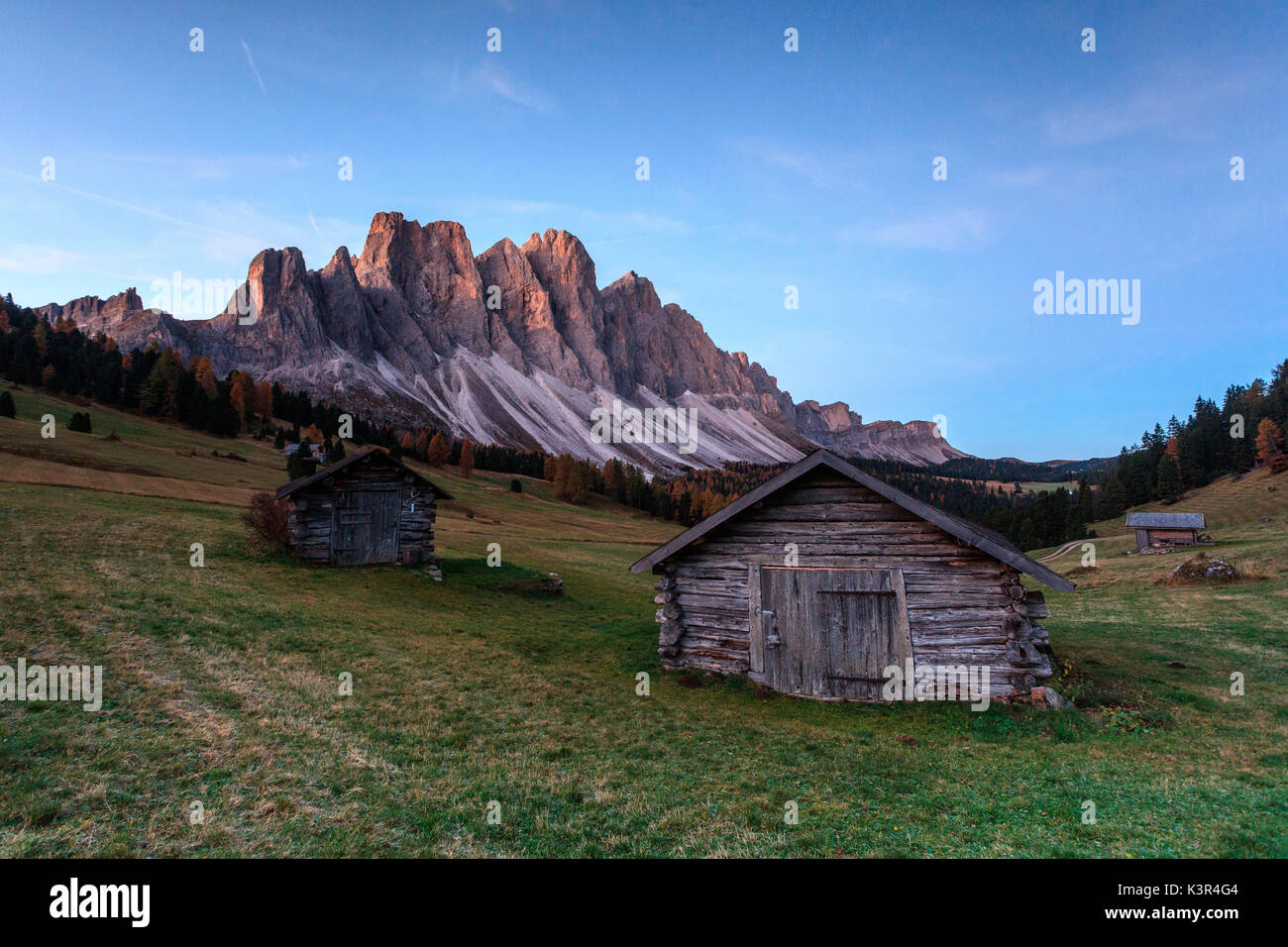 Odle group, sunrise at malga  Gampen, Trentino Alto Adige, Italy Stock Photo