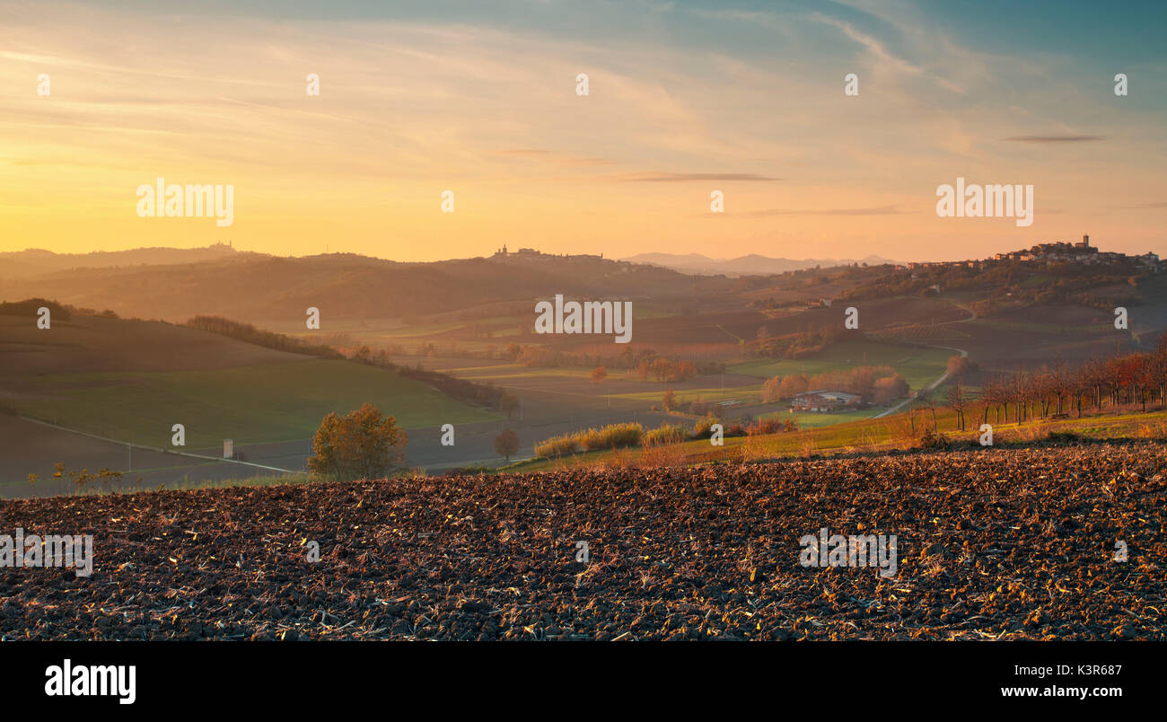 Monferrato hills, Piedmont, Italy. The last light of sunset in autumn Stock Photo
