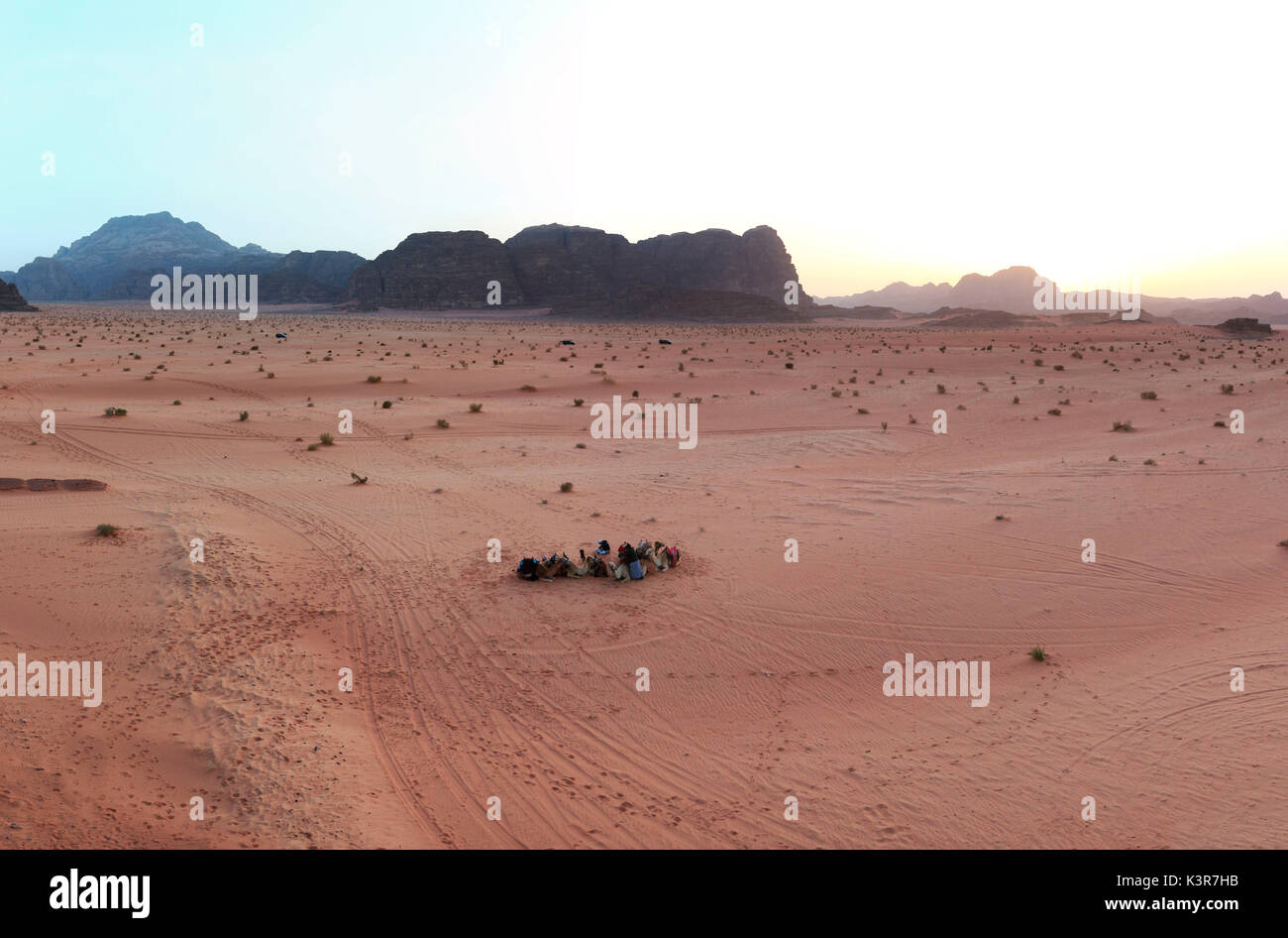 Sunset in the Wadi Rum desert, Jordan, with local bedouins and camels on foreground Stock Photo