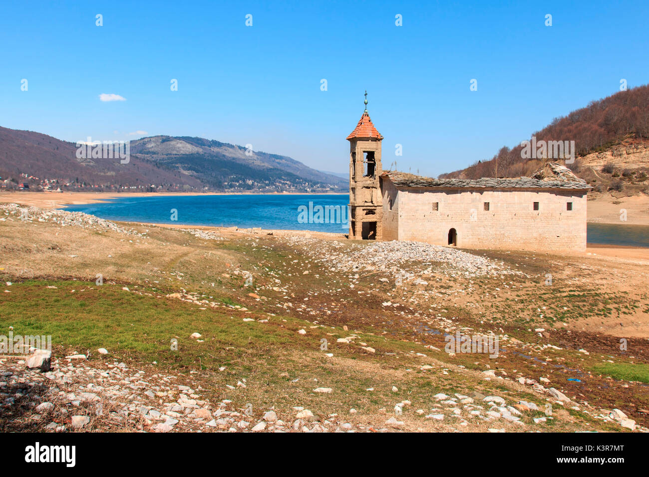 Submerged Church of Mavrovo Lake, Macedonia Stock Photo