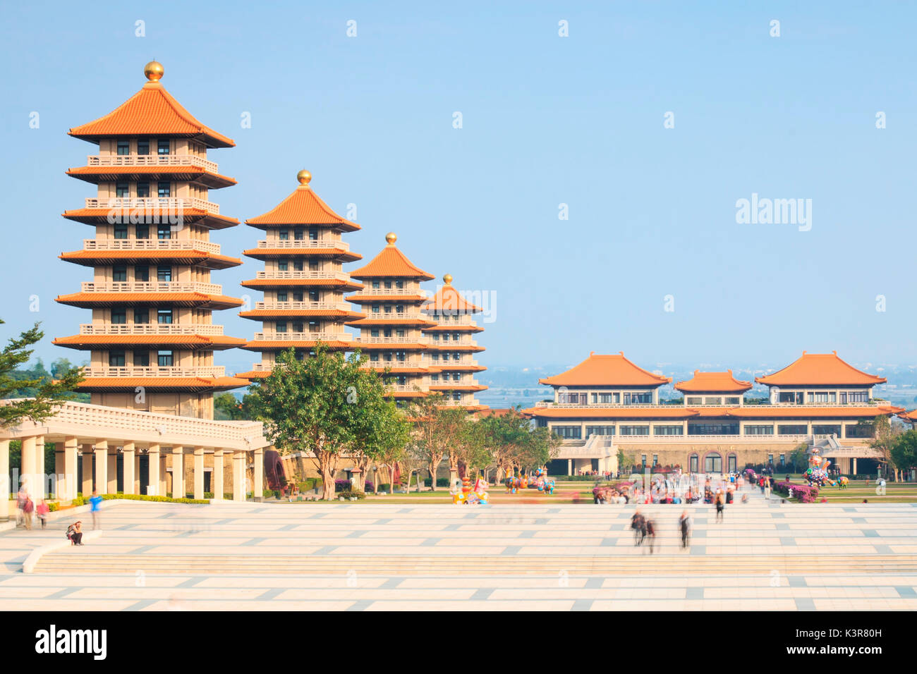Kaohsiung, Taiwan. Fo Guang Shan buddist temple of Kaohsiung with many tourists walking by. Stock Photo