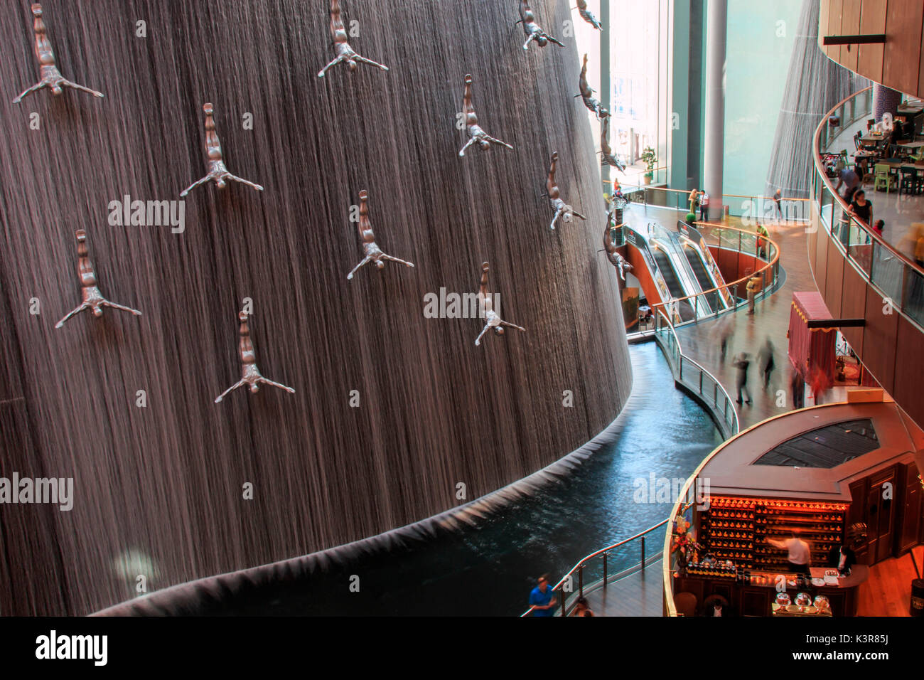 Dubai, United Arab Emirates. Waterfall in Dubai Mall, world's largest shopping mall based on total area Stock Photo