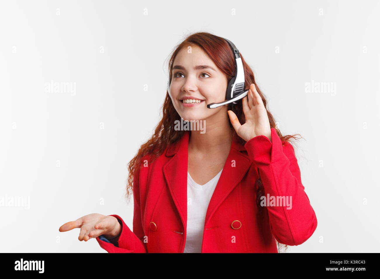Support phone operator in headset studio on white background stock