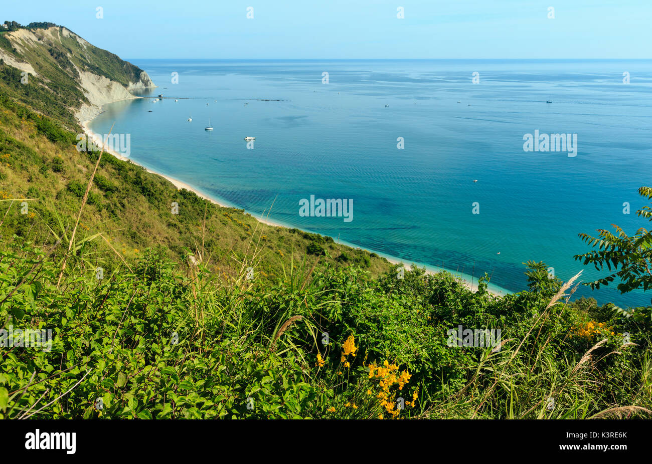 Summer Adriatic sea bay and Spiaggia Mezzavalle beach near Portonovo and Ancona towns in the Marche region. Italy, Conero Riviera. Stock Photo