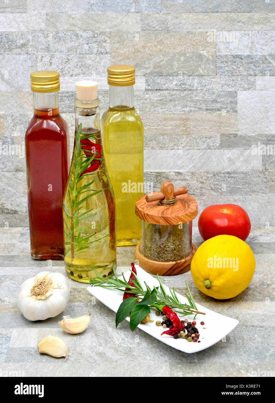 kitchen scenery salad dressing glass bottles Stock Photo Alamy