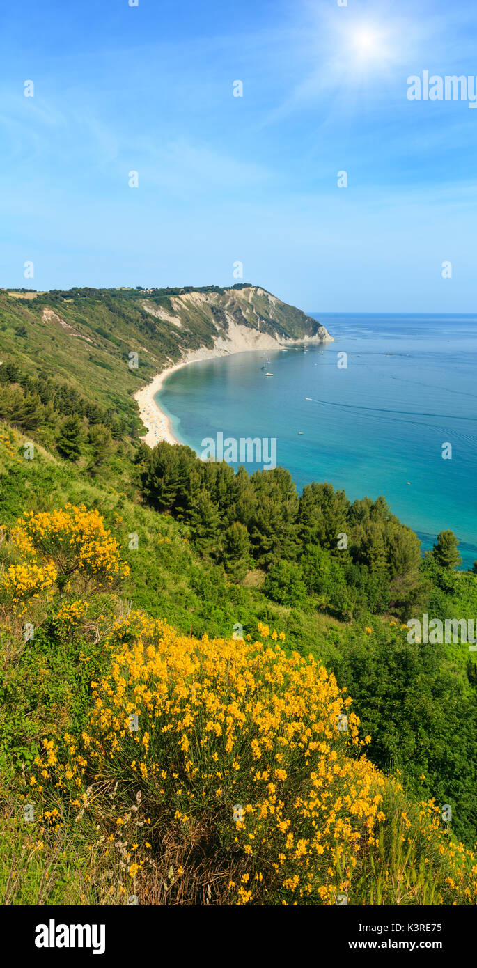 Summer sunshiny Adriatic sea bay and blossoming Spiaggia Mezzavalle beach near Portonovo and Ancona towns in the Marche region. Italy, Conero Riviera. Stock Photo